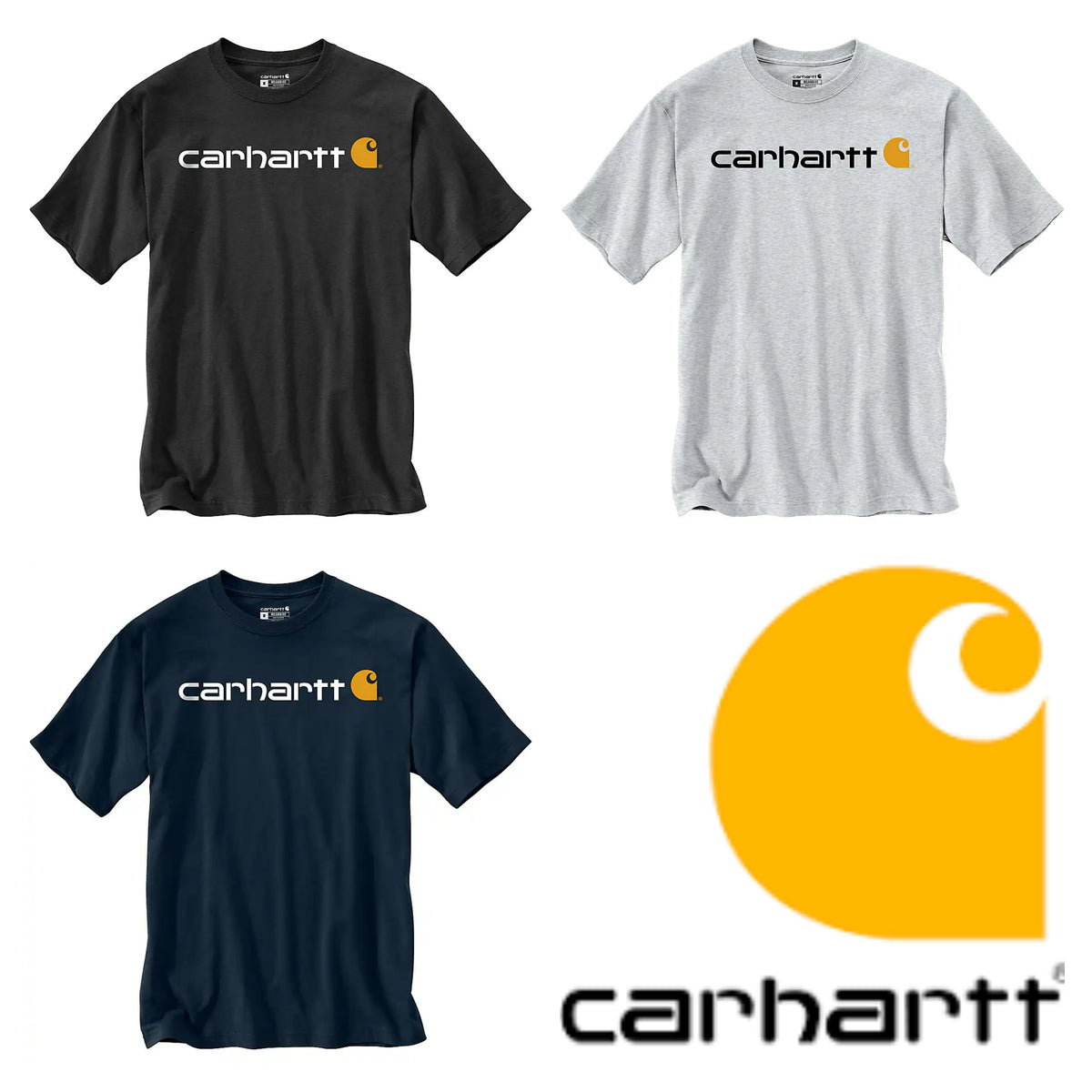 Three Carhartt short-sleeve t-shirts shown on a white background: black, light gray, and navy blue. Each shirt has the Carhartt wordmark across the chest with the signature yellow logo.