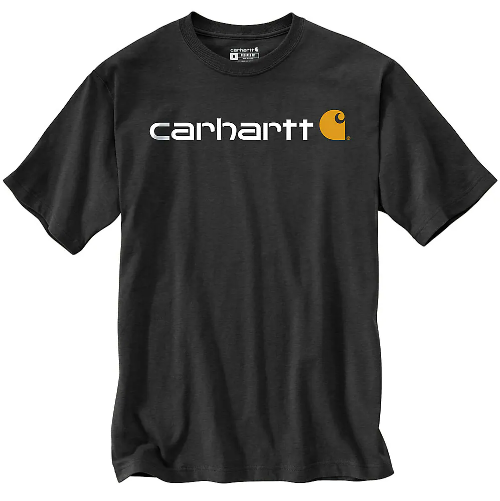 A black short-sleeve crewneck t-shirt featuring the Carhartt brand name in white across the chest, with the signature yellow 'C' logo following it.