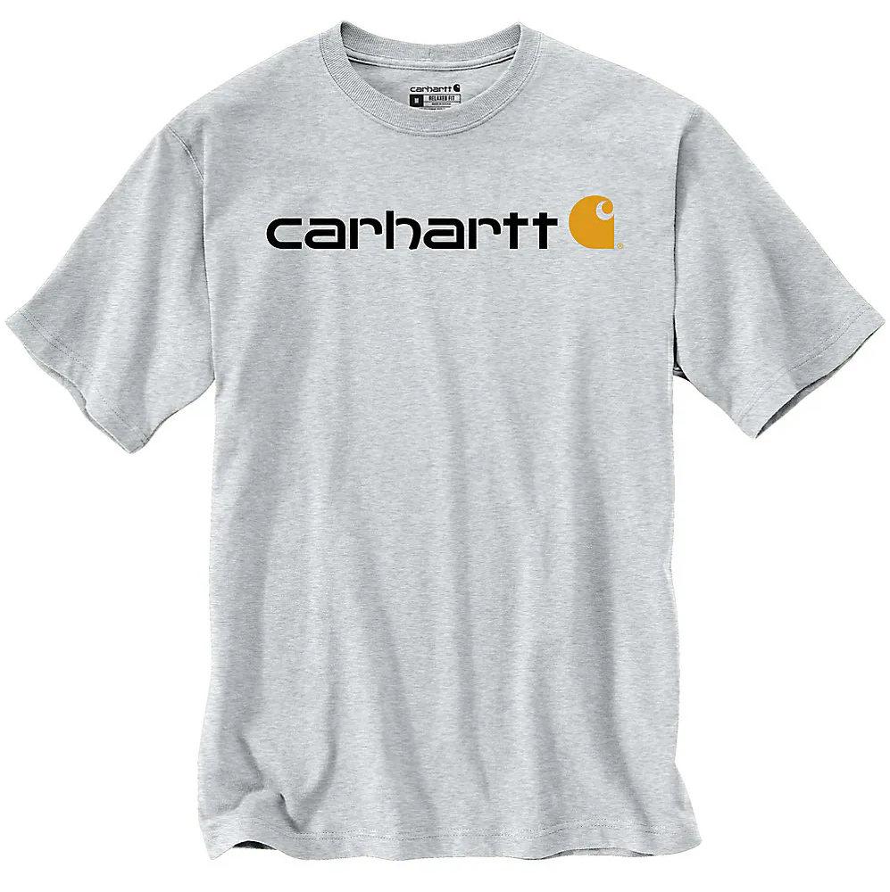 A light gray heather crewneck t-shirt featuring the Carhartt brand name in black across the chest, with the signature yellow C logo to the right.