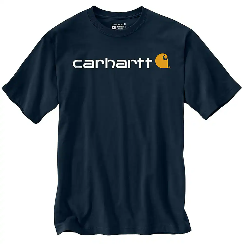 A navy blue short-sleeve crewneck t-shirt with the Carhartt brand name printed in white across the chest and the signature yellow 'C' logo next to it.