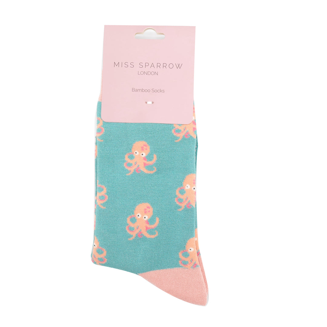 Miss Sparrow Bamboo Socks for Women - Little Octopus in Duck Egg Packshot