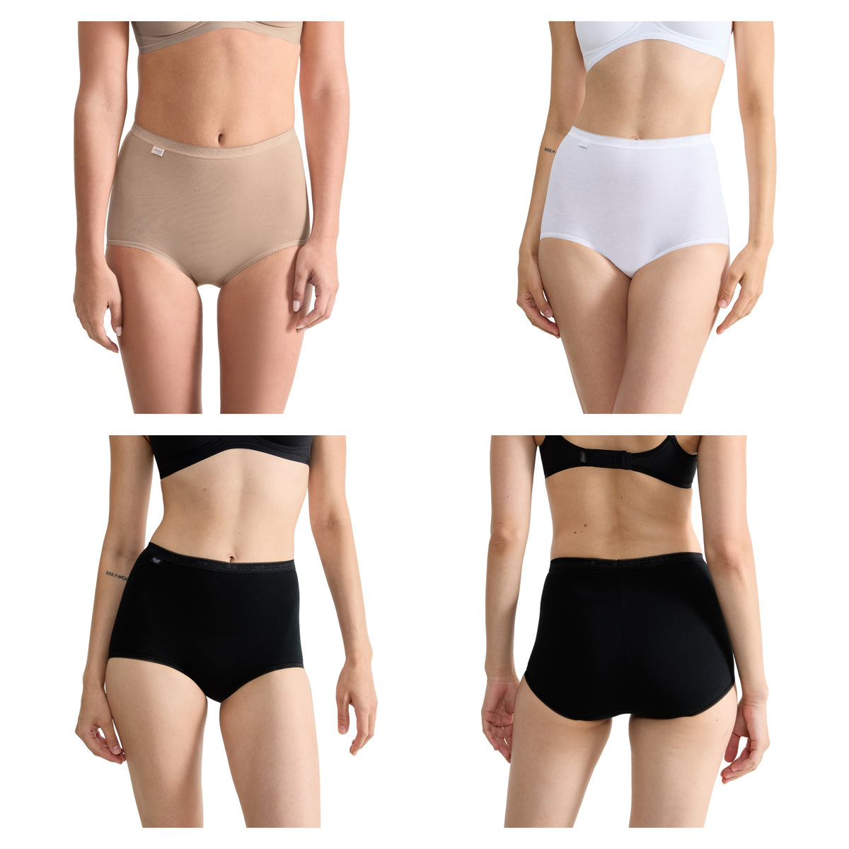 Four pairs of women's Sloggi Basic Maxi underwear in beige, white, black on a white background.