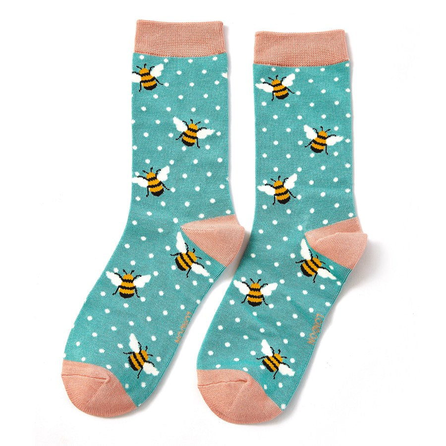 Miss Sparrow Bamboo Socks for Women - Bumble Bees in Turquoise