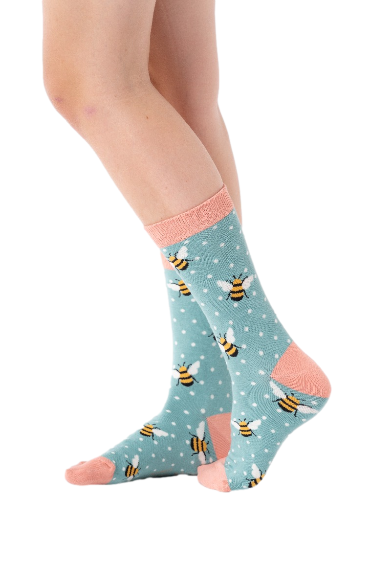 Miss Sparrow Bamboo Socks for Women - Bumble Bees wearing Turquoise 
