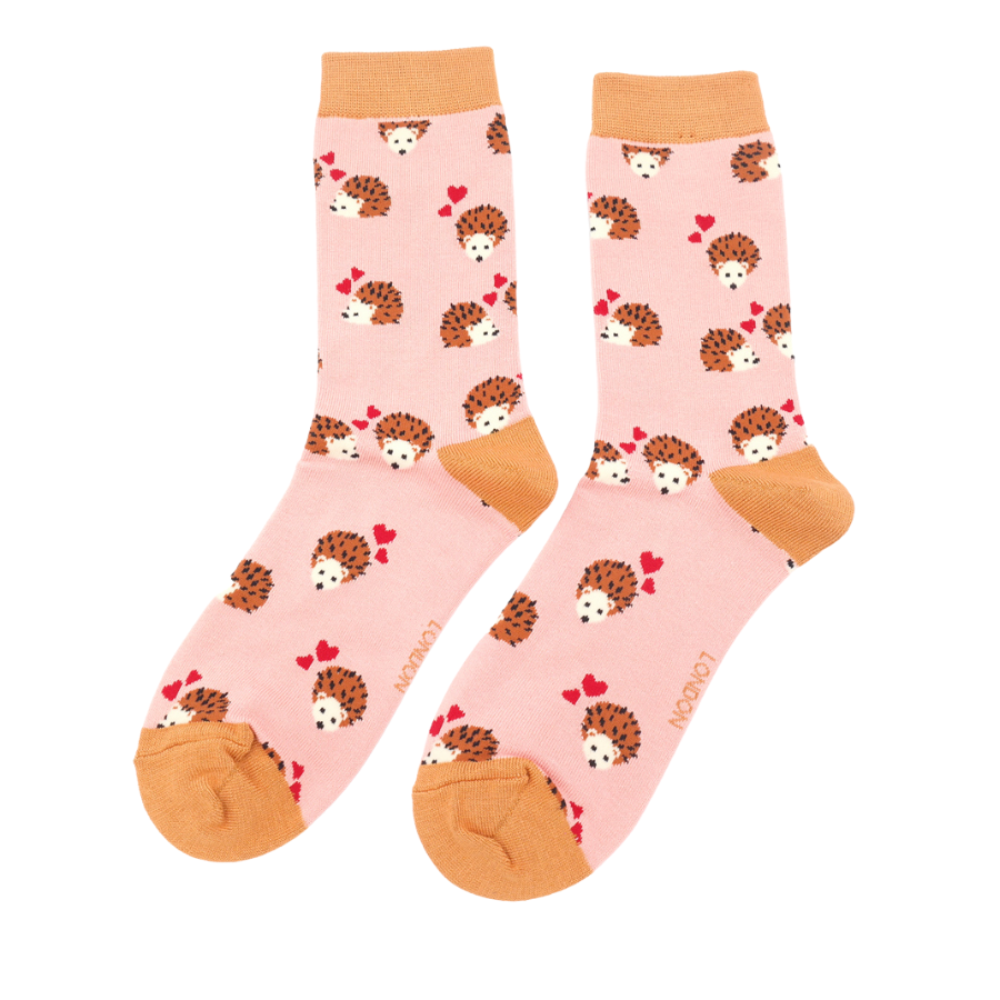 Miss Sparrow Bamboo Socks for Women - Hearts and Hedgehogs Dusky Pink