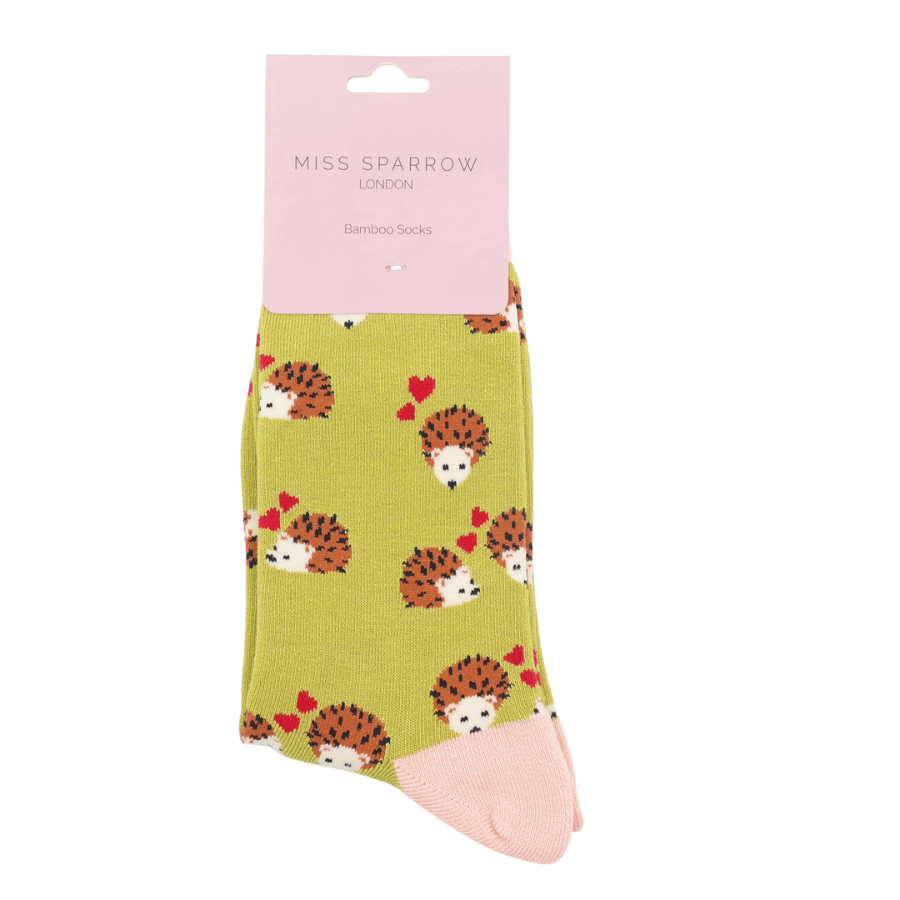 Miss Sparrow Bamboo Socks for Women - Hearts and Hedgehogs Green Packshot