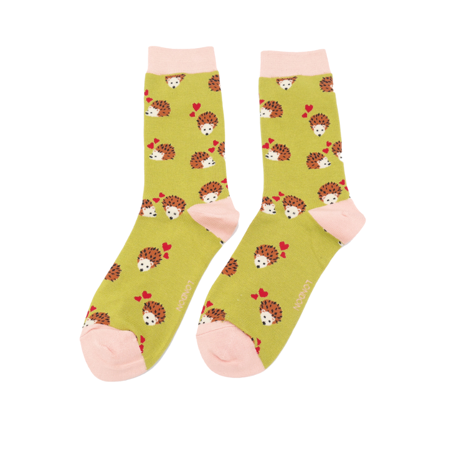 Miss Sparrow Bamboo Socks for Women - Hearts and Hedgehogs Green