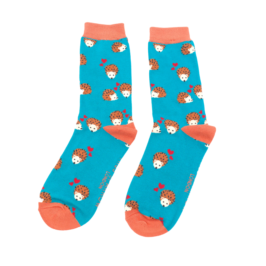 Miss Sparrow Bamboo Socks for Women - Hearts and Hedgehogs Teal