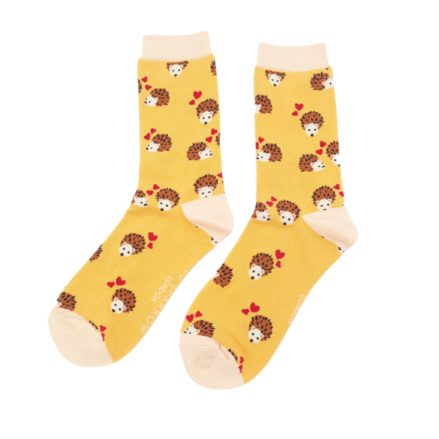 Miss Sparrow Bamboo Socks for Women - Hearts and Hedgehogs Yellow