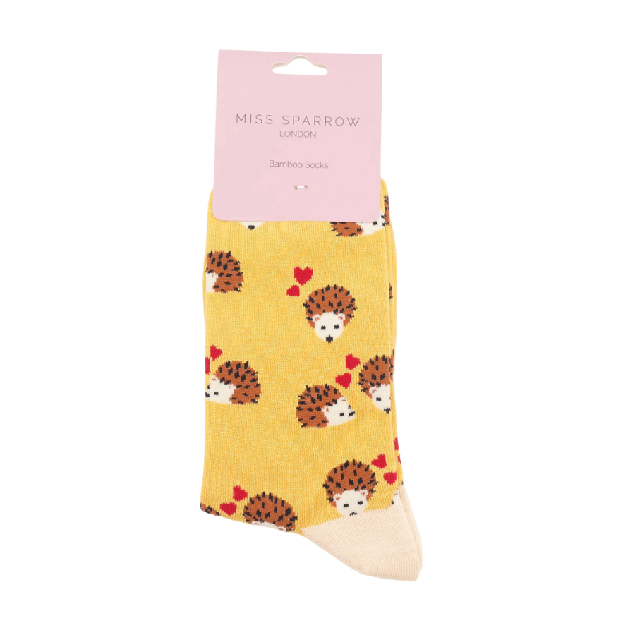 Miss Sparrow Bamboo Socks for Women - Hearts and Hedgehogs Yellow Packshot