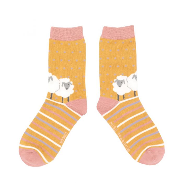Miss Sparrow Bamboo Socks for Women - Sheep Friends Mustard