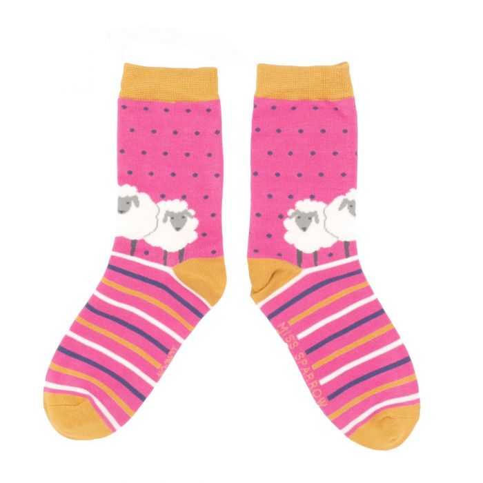Miss Sparrow Bamboo Socks for Women - Sheep Friends Hot Pink
